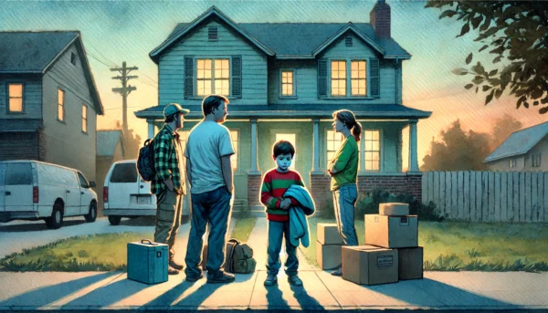 A family facing eviction, with a young boy at the front.